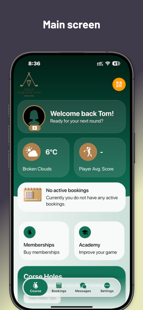 The Golf App | All-in-one - The Golf App main dashboard showing user welcome message weather and player statistics