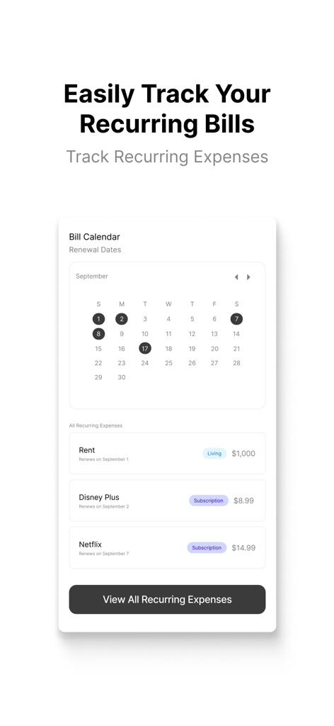WalletWize: Track Money Better - WalletWize 앱 화면에 월세 및 구독과 같은 반복 지출 목록과 청구서 달력이 표시됨