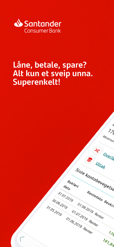 Santander Mobilbank - Tela do aplicativo móvel Santander Mobilbank mostrando transações de conta e visão geral financeira em um fundo vermelho