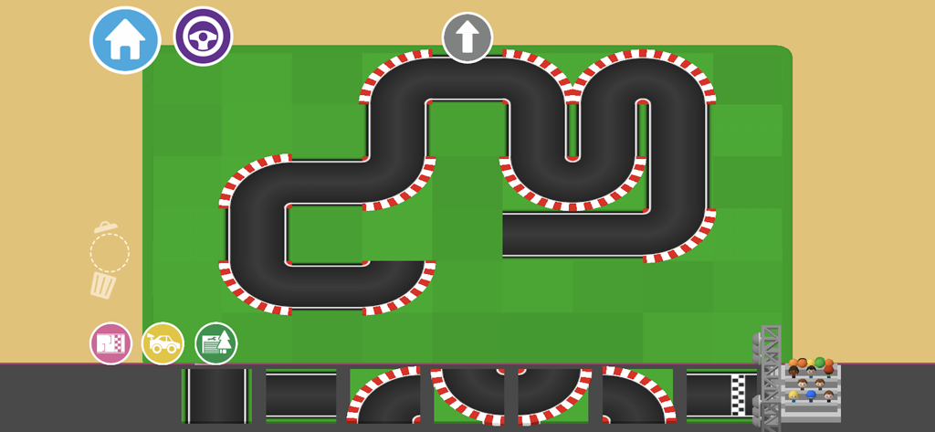 Interface of Car Kit Racing showing a custom race track being designed with various track tile options