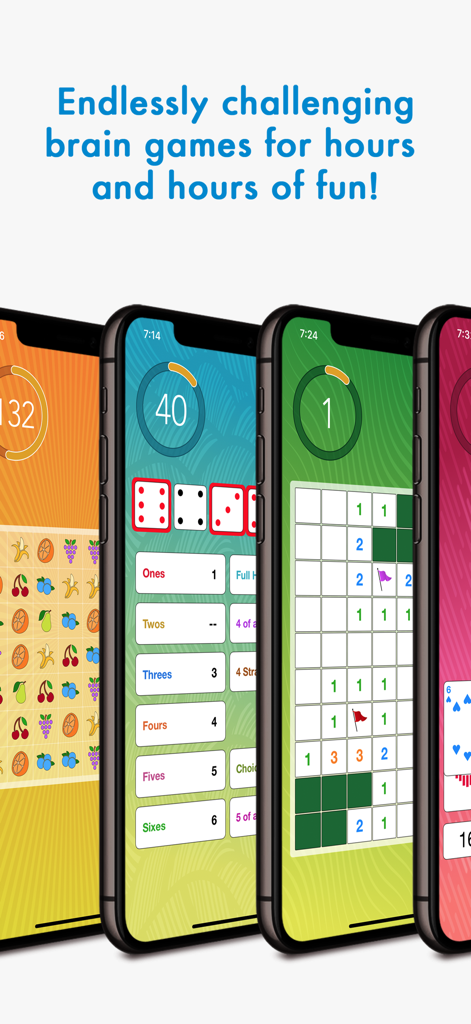 Brain Arcade - A collection of brain games including Yacht Mines and Solitaire from the Brain Arcade app displayed on multiple iPhones