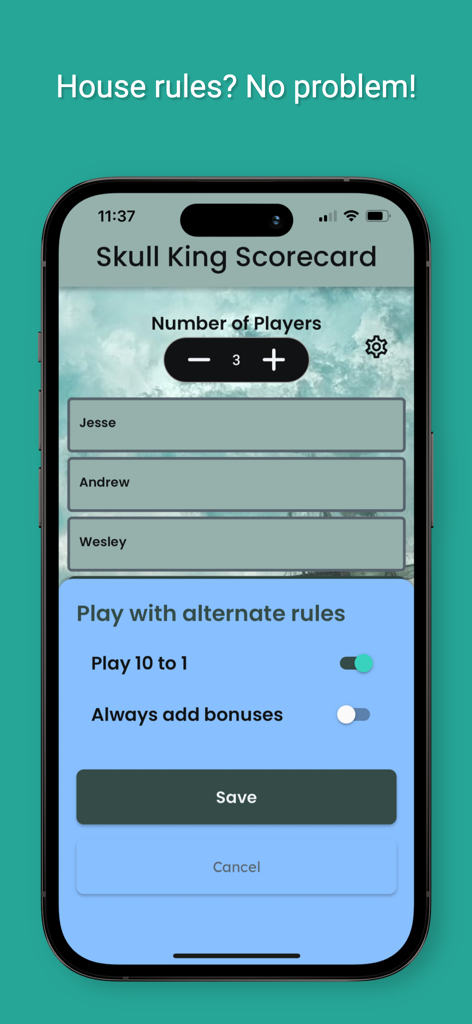 Skull King Scorecard - Skull King Scorecard app interface for setting player names and selecting alternate game rules