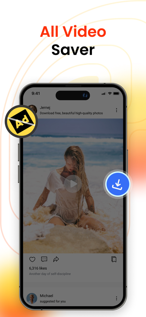 All Video Downloader app interface on iPhone featuring ad blocking and one tap video saving