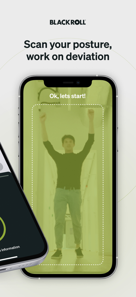 Smartphone screen showing Blackroll app posture scanning and analysis feature