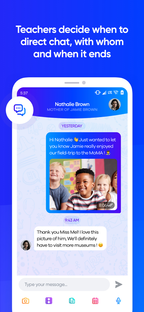 Klassly - Private chat interface in Klassly app allowing teachers to share updates and photos with parents securely