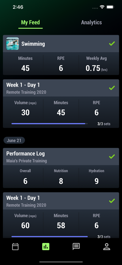 Training feed in the BridgeAthletic app displaying workout summaries and performance logs.