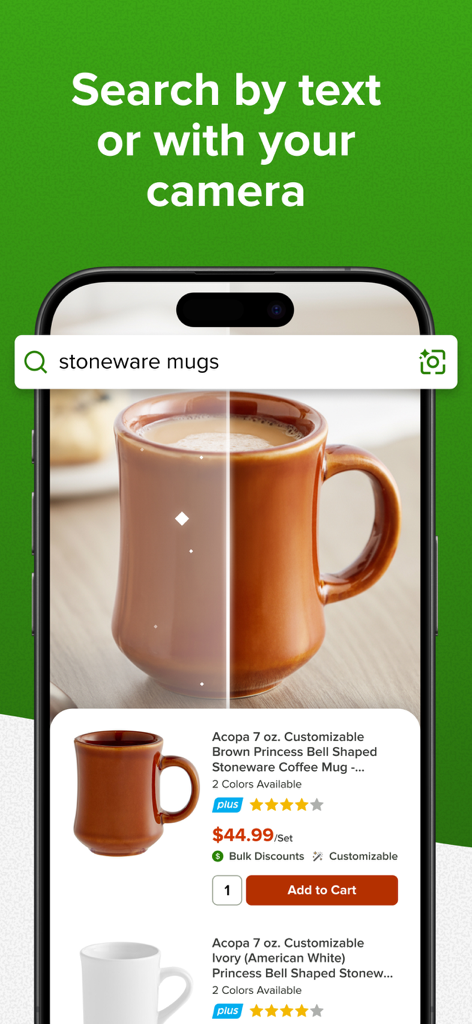Interfaz de la aplicación WebstaurantStore que muestra cómo buscar productos utilizando la cámara de un smartphone