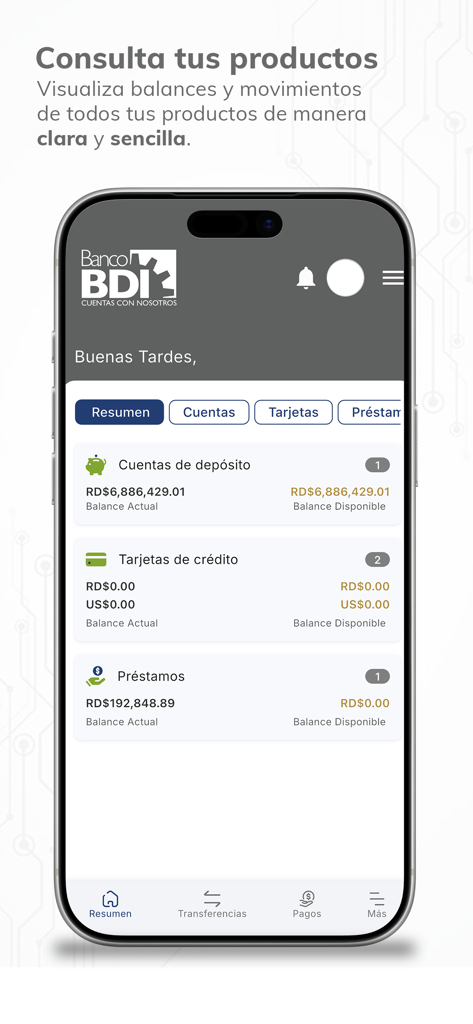 BDI APP - Panel de la aplicación móvil Banco BDI mostrando saldos de cuentas de depósito, tarjetas de crédito y préstamos en Pesos Dominicanos