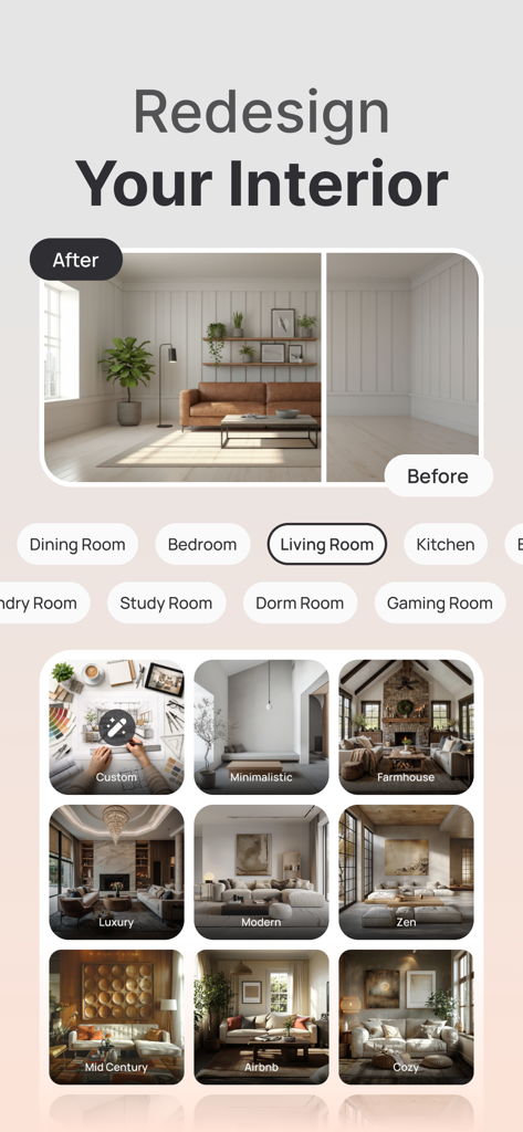 Comparación de antes y después de un rediseño de salón con estilos de diseño de interiores de IA seleccionables como moderno y rústico