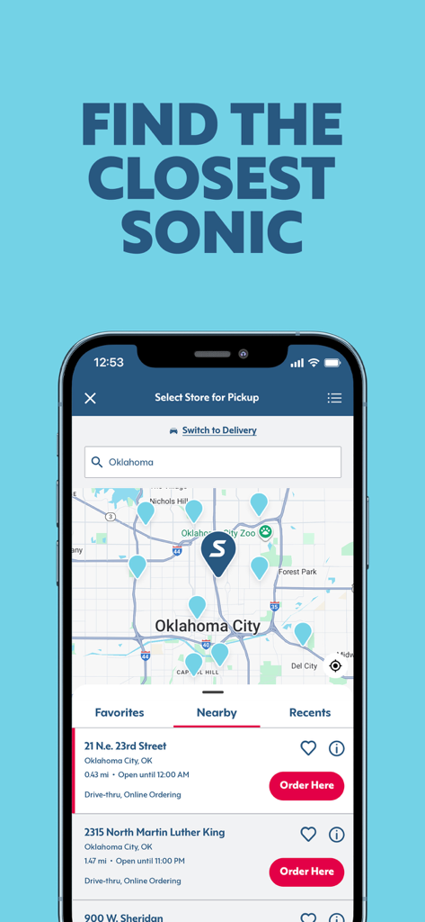 SONIC Drive-In - Order Online - Sonic Drive-In app interface showing a map with nearby restaurant locations and an order button