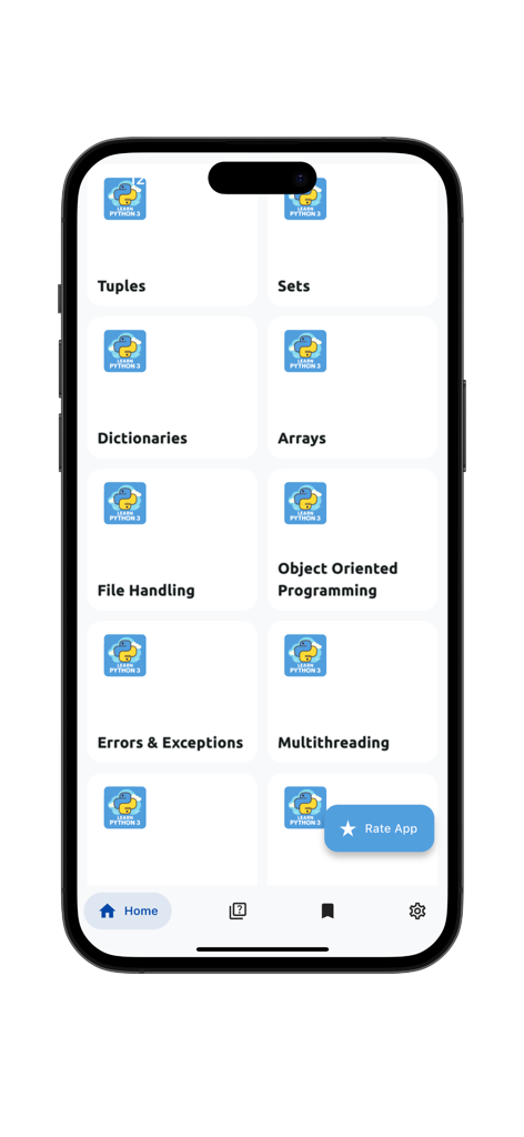 Mobile app interface displaying a grid of Python programming topics including Dictionaries Arrays and Object Oriented Programming