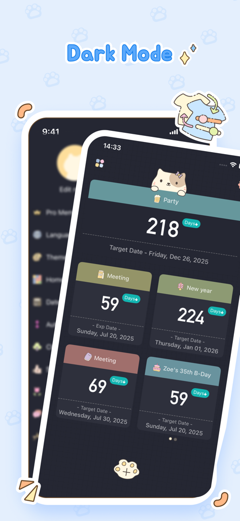 Screenshot of Days since app in dark mode featuring cute event countdown cards and a cat mascot