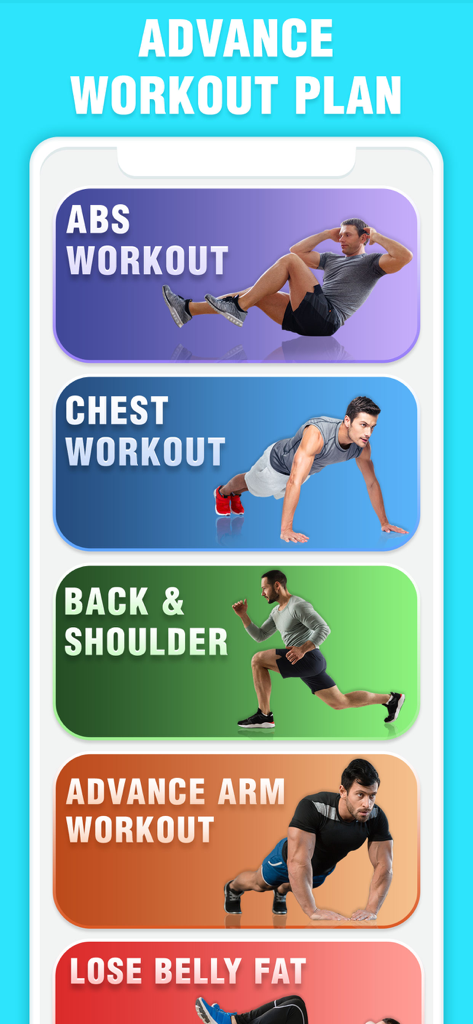 Mobile app screen displaying various workout categories including abs, chest, back, shoulders, and advanced arm exercises.