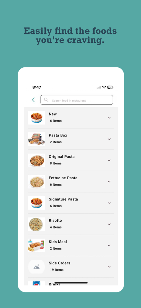 Yiji يجي - Yiji app interface showing a menu list with pasta categories and risotto