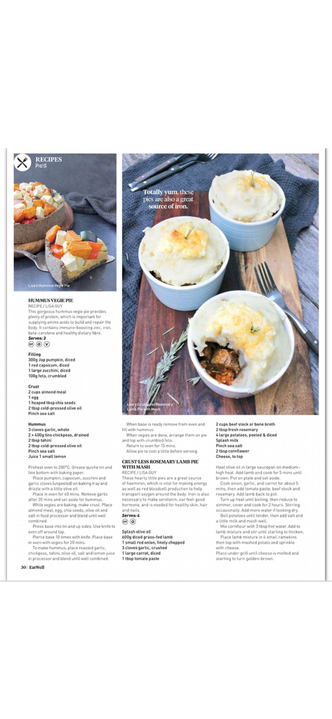 A digital magazine page from the Eat Well app showing recipes for Hummus Vegie Pie and Rosemary Lamb Pie with photos and ingredient lists.