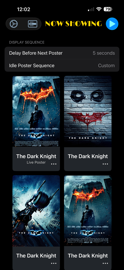 Now Showing – Movie Poster TV - Interface of the Now Showing app displaying movie poster sequence settings and a selection of Dark Knight posters