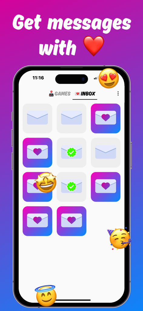 하트와 체크 표시 아이콘이 있는 POV 익명 메시지 앱 받은 편지함이 표시된 아이폰