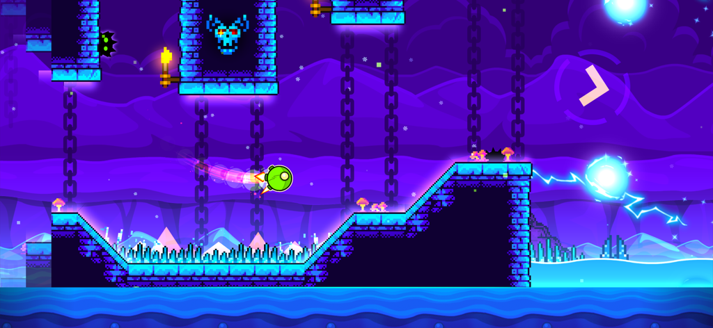 Geometry Dash - A green character flying through a neon purple level with spikes and obstacles in Geometry Dash