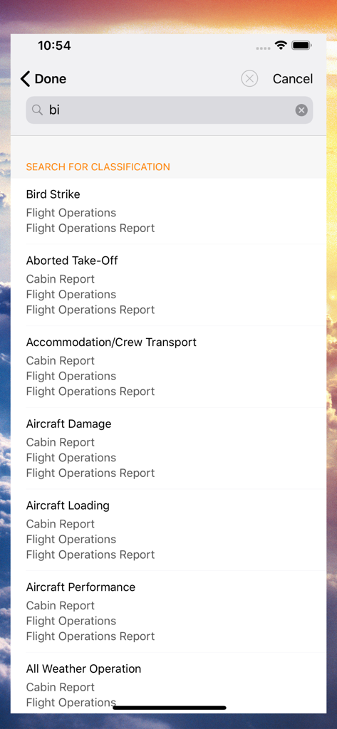 IQSMS Reporting - IQSMS Reporting app screen showing a list of aviation safety report classifications such as bird strike and aircraft damage