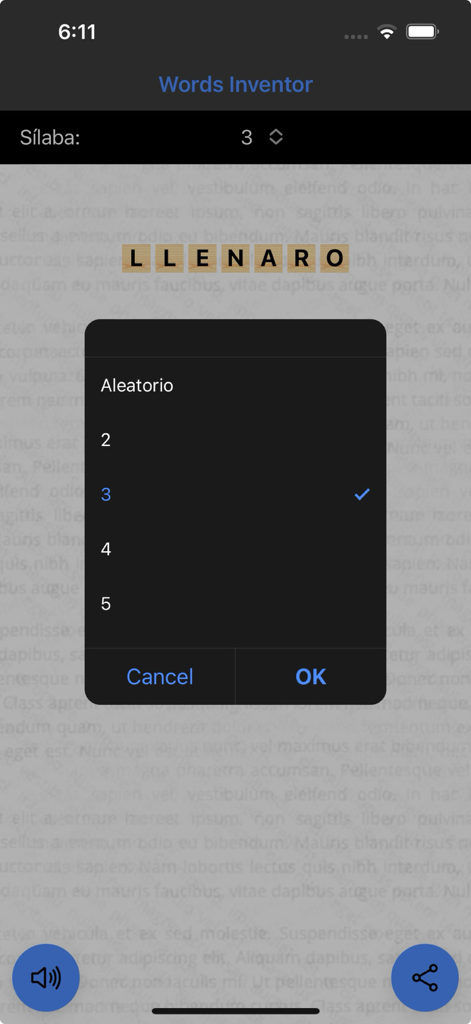 Words Inventor app interface showing the selection menu for word syllable count