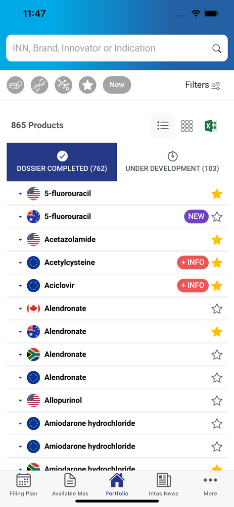 Interfaccia dell'app Intas B2B Dossier che visualizza un elenco di prodotti farmaceutici con stato del dossier e bandiere dei paesi.