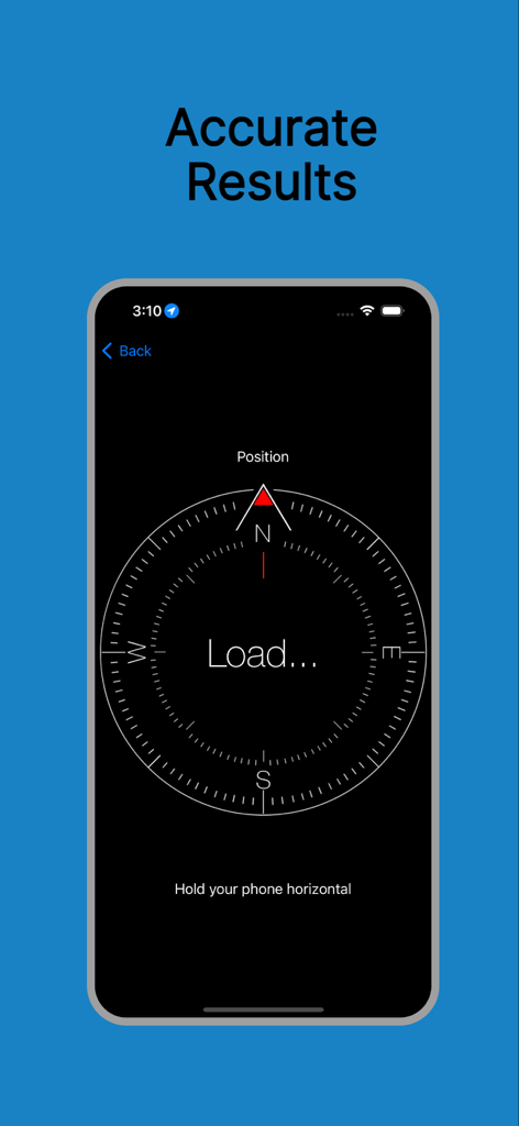 Digital compass interface with a white dial on a black background and the text Accurate Results above it