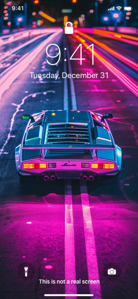 Vibrant synthwave sports car wallpaper preview on an iPhone lock screen