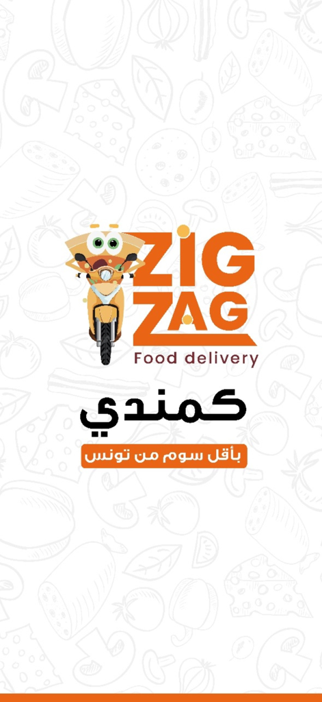 Zigzag Delivery - Zigzag Delivery app logo with a pizza slice character riding a scooter and Arabic text on a food pattern background