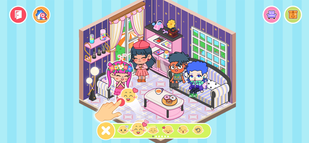 絵文字リアクションメニュー付きの装飾された部屋にいるアバター