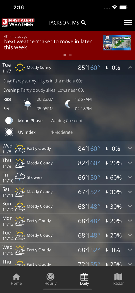 First Alert Weather - WLBT First Alert Weather app screen showing a detailed daily weather forecast for Jackson Mississippi.
