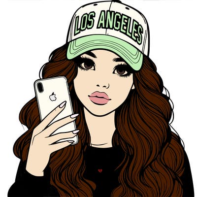 realistic beautiful girl wearing los ángeles cap holding an iphone
