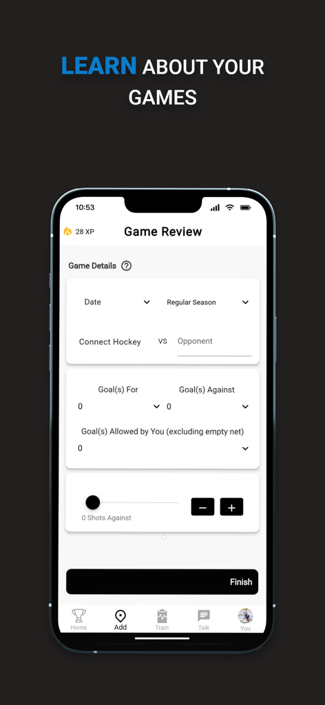 Game Review screen for hockey goalies to track performance stats