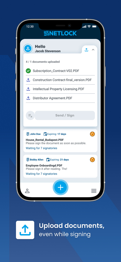Netlock app interface displaying a list of uploaded PDF contracts and the document management dashboard.