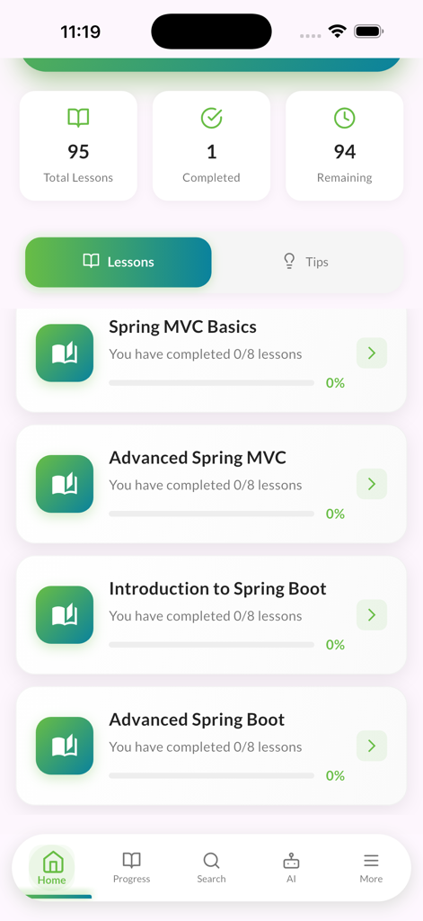 Startbildschirm der Learn Spring Java App mit Kursmodulen für Spring MVC und Spring Boot mit Fortschrittsverfolgungsstatistiken.