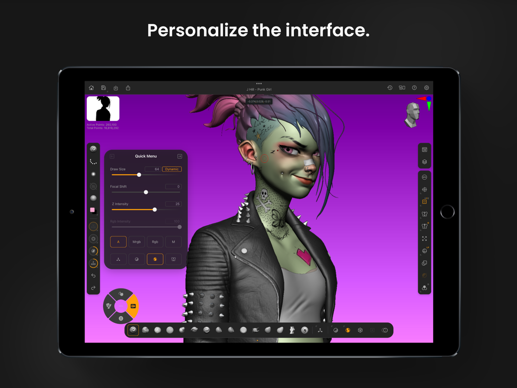 Interface do usuário do ZBrush para iPad mostrando uma escultura 3D detalhada de uma garota punk e um menu rápido personalizável