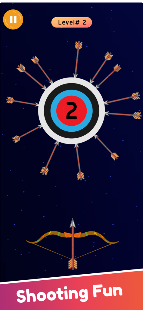 Twisty Arrow Game and Archery - A mobile game screen showing a bow aiming an arrow at a spinning target wheel with multiple arrows already attached.