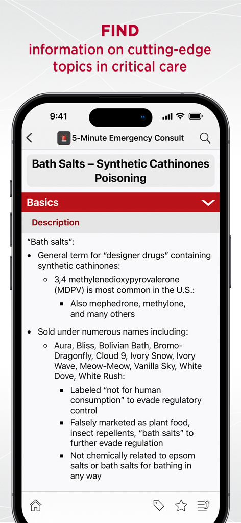 Informações médicas sobre envenenamento por sais de banho exibidas no aplicativo móvel 5-Minute Emergency Medicine.