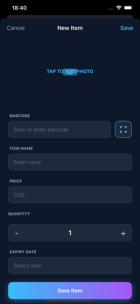 Oberfläche zum Hinzufügen eines neuen Artikels in der Barcode-Simple Inventory App mit Feldern für Barcode-Scannen, Artikelname, Preis, Menge und Verfallsdatum