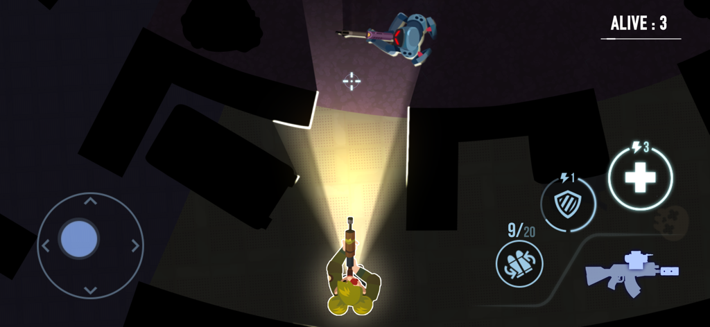 Top-down view of Bullet Echo gameplay showing a hero using a flashlight to navigate a dark tactical map with enemies.