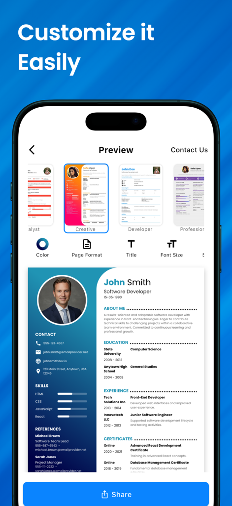 Smartphone-Bildschirm, der die Lebenslauf-Ersteller-App mit verschiedenen professionellen CV-Vorlagen und Anpassungsoptionen für Farben und Schriftarten zeigt
