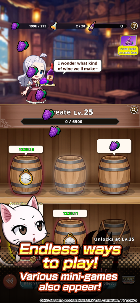 Screenshot di gioco di un minigioco di produzione di vino in FAIRY TAIL Wizard Chronicle con personaggi chibi e botti da invecchiamento.