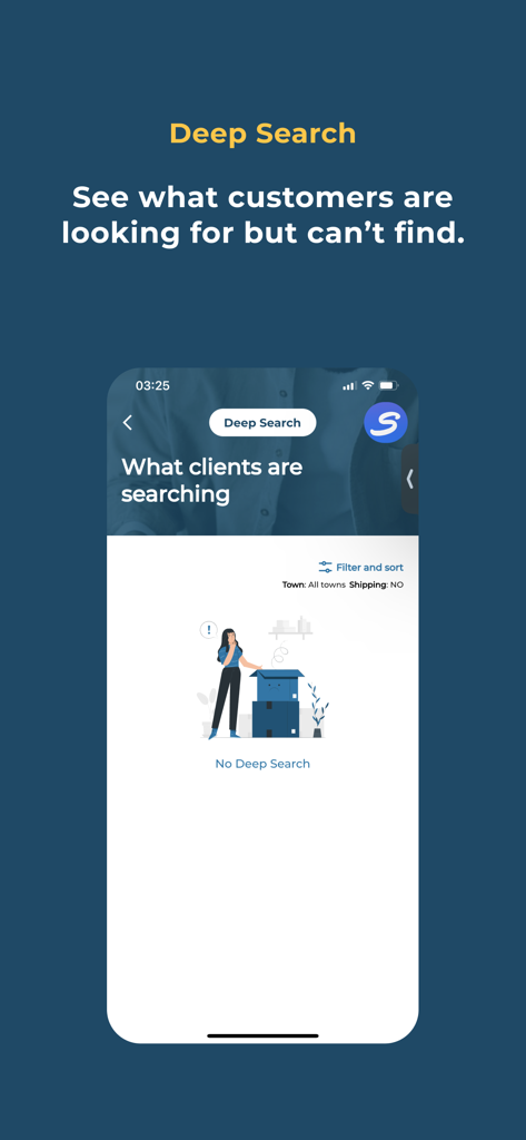 Shoppy MarketSpace Seller - Shoppy MarketSpace Seller app interface showing the Deep Search feature to track customer search requests.