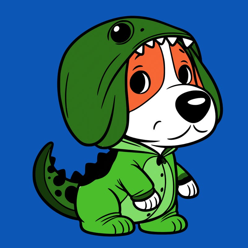 beagle in a dinosaur onesie