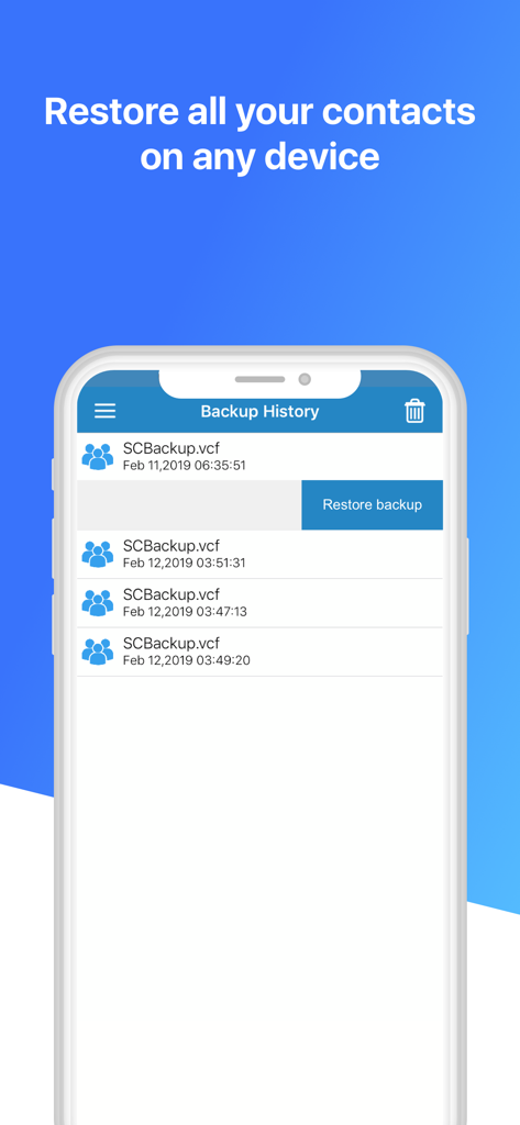 Contacts Backup Pro & Restore - Pantalla del smartphone que muestra una lista de archivos de copia de seguridad de contactos en formato VCF con un botón para restaurar la copia de seguridad.