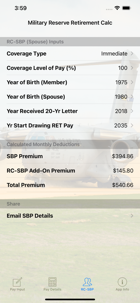 Interface of the Military Reserve Retirement app showing spouse SBP inputs and monthly premium calculations