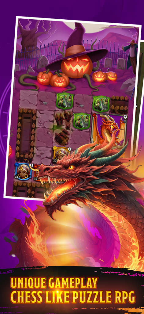 Friends & Dragons - Puzzle RPG - Tactical puzzle RPG screen with a large red dragon and a chess-like hero battle board in a dungeon.