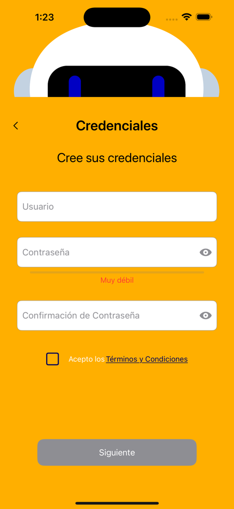 ARi: Finanzas Para Humanos - Registration page for the ARi finance app where users create a username and password