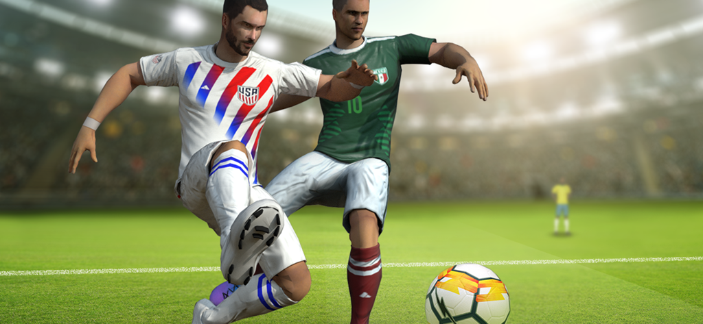 Imagen de acción de un jugador de fútbol de la selección de EE. UU. controlando el balón durante un partido en un estadio.