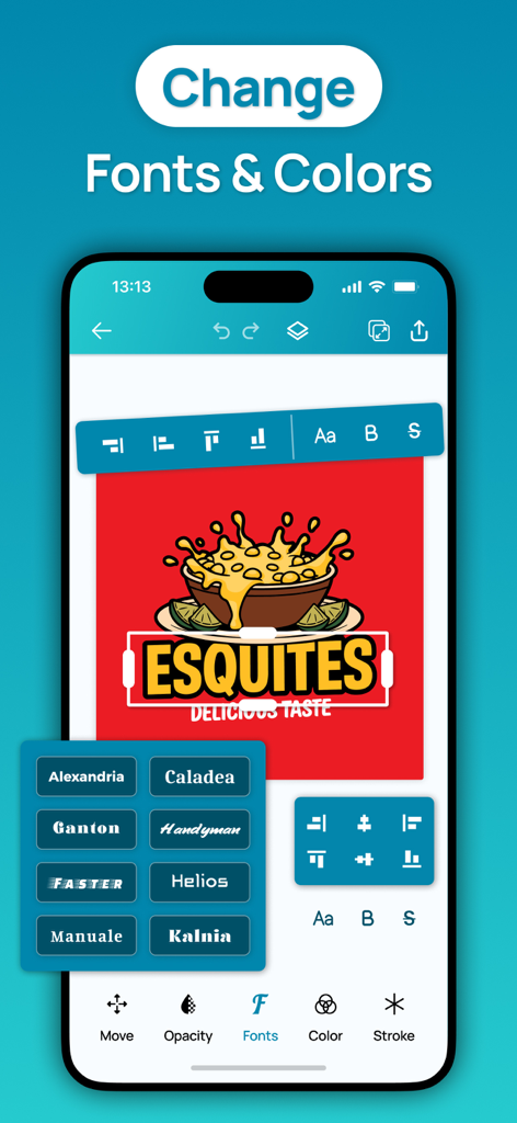 Logo Maker - Business Logo - Logo Maker app interface showing font selection and color editing for a business logo
