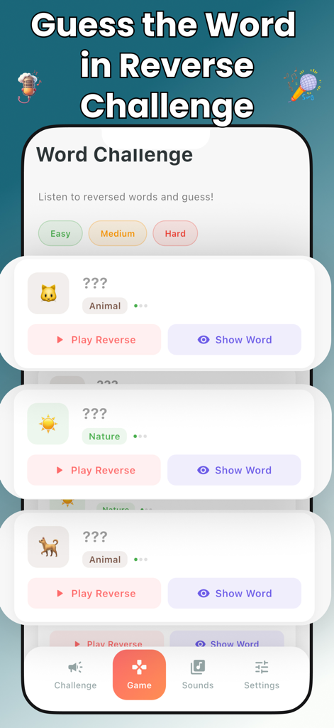 Captura de pantalla de la aplicación Dilo al Revés que muestra la interfaz del juego Desafío de Palabras con categorías de animales y naturaleza.